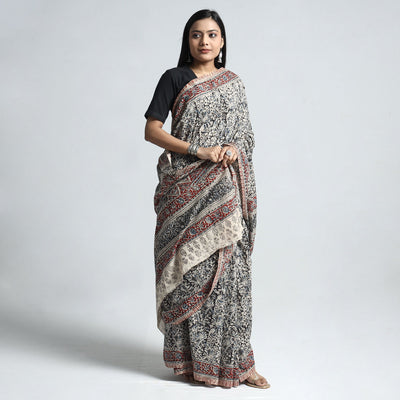 Black - Pedana Block Print Cotton Kalamkari Saree