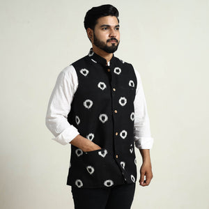 Black - Pochampally Double Ikat Handloom Cotton Men Nehru Jacket 07