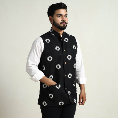 Black - Pochampally Double Ikat Handloom Cotton Men Nehru Jacket 07