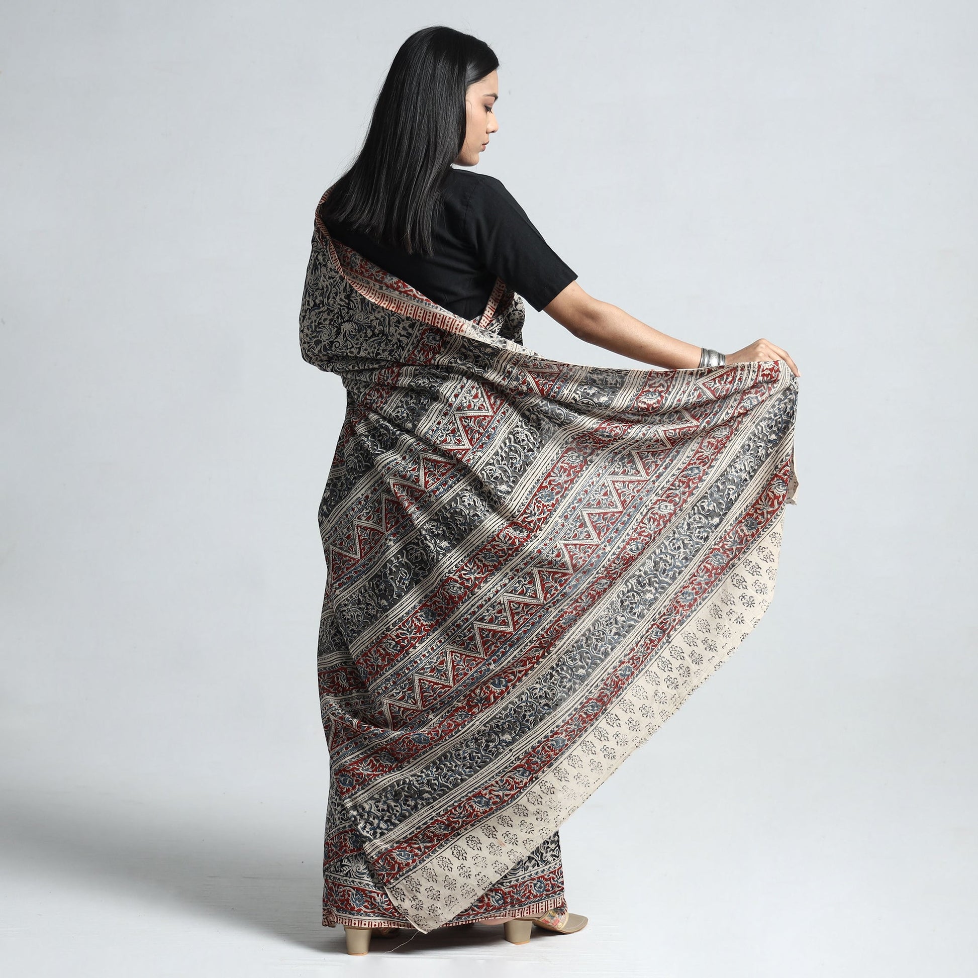 Black - Pedana Block Print Cotton Kalamkari Saree