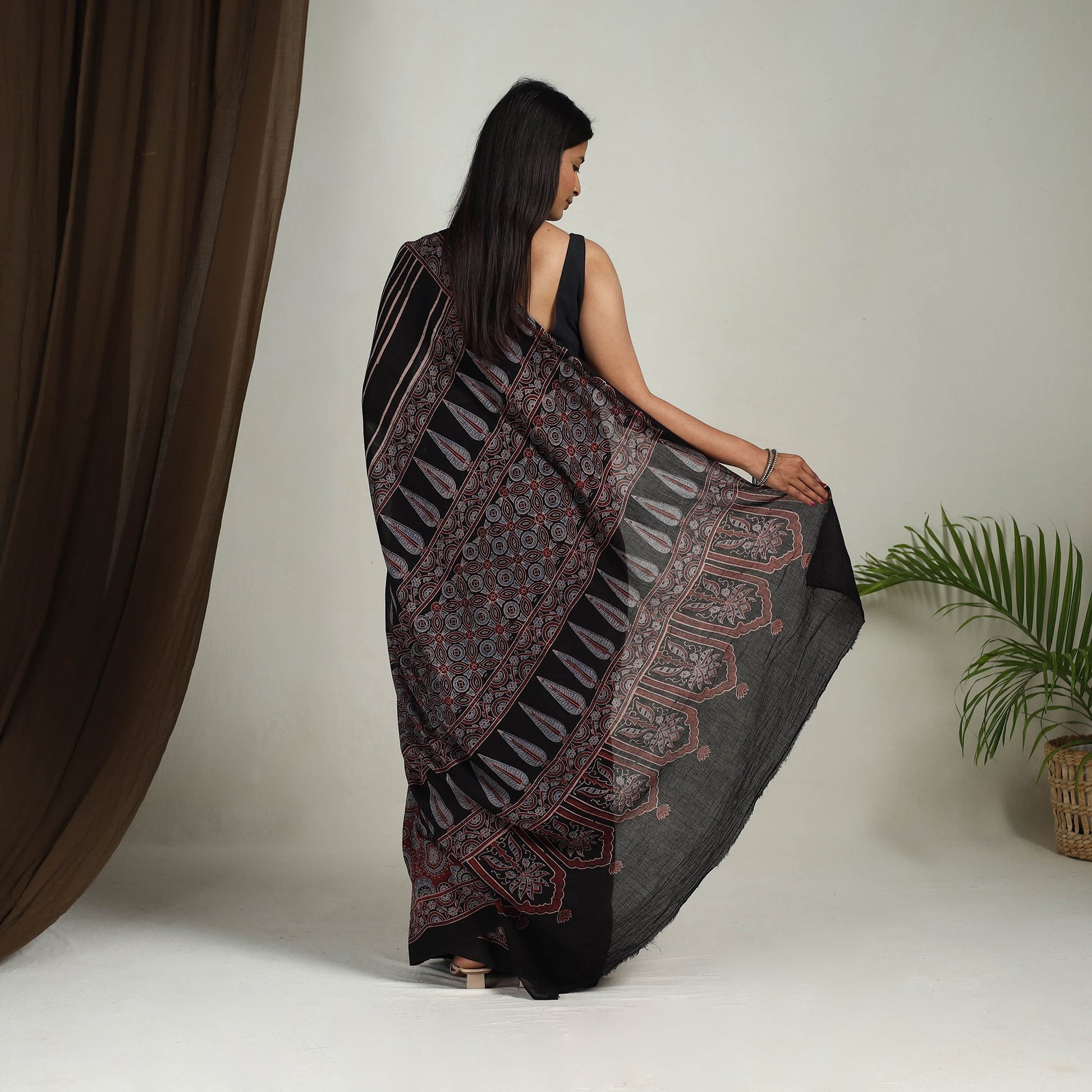 Black - Mul Cotton Block Print Ajrakh Saree 09