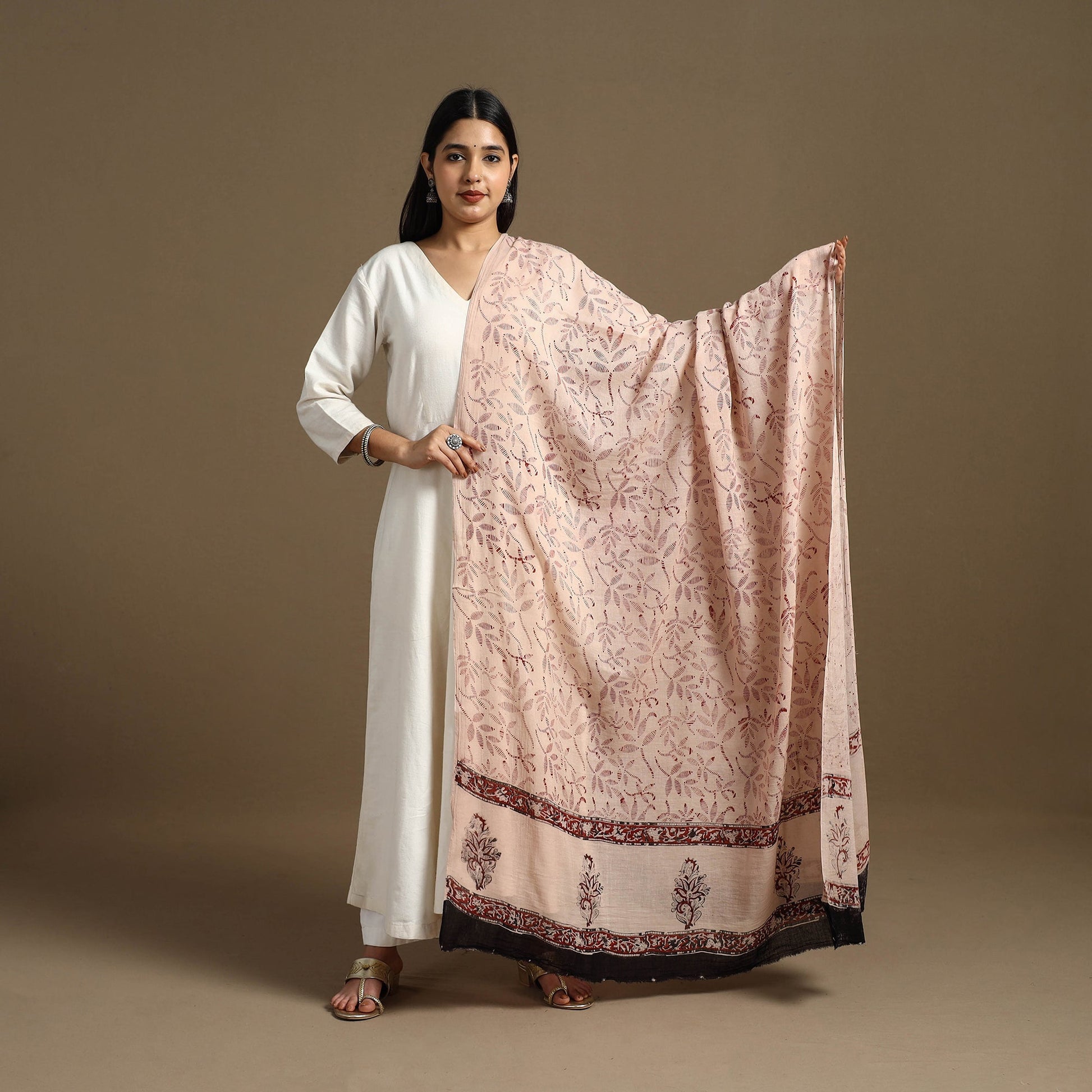 Beige - Block Print Mul Cotton Bagru Dupatta 12
