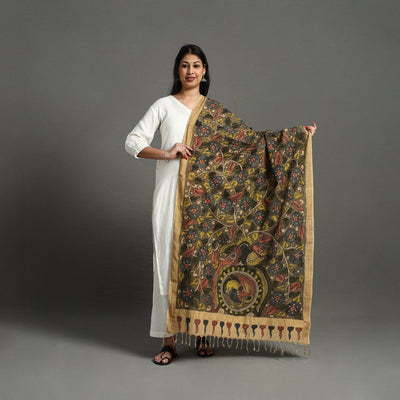 Brown - Mangalagiri Cotton Handpainted Pen Work Kalamkari Dupatta 11