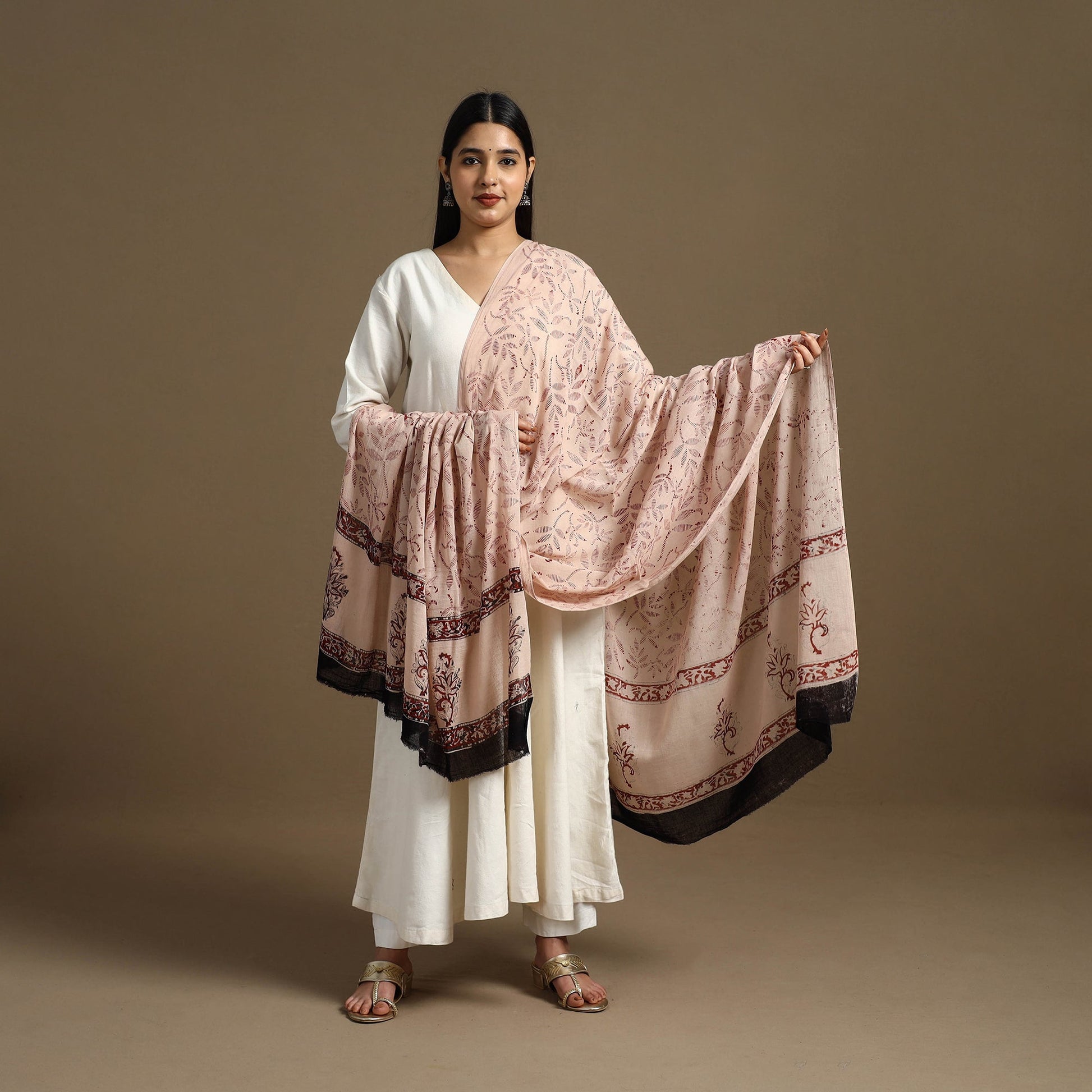Beige - Block Print Mul Cotton Bagru Dupatta 12