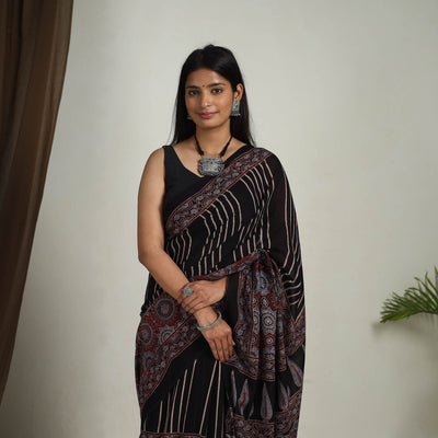 Black - Mul Cotton Block Print Ajrakh Saree 09