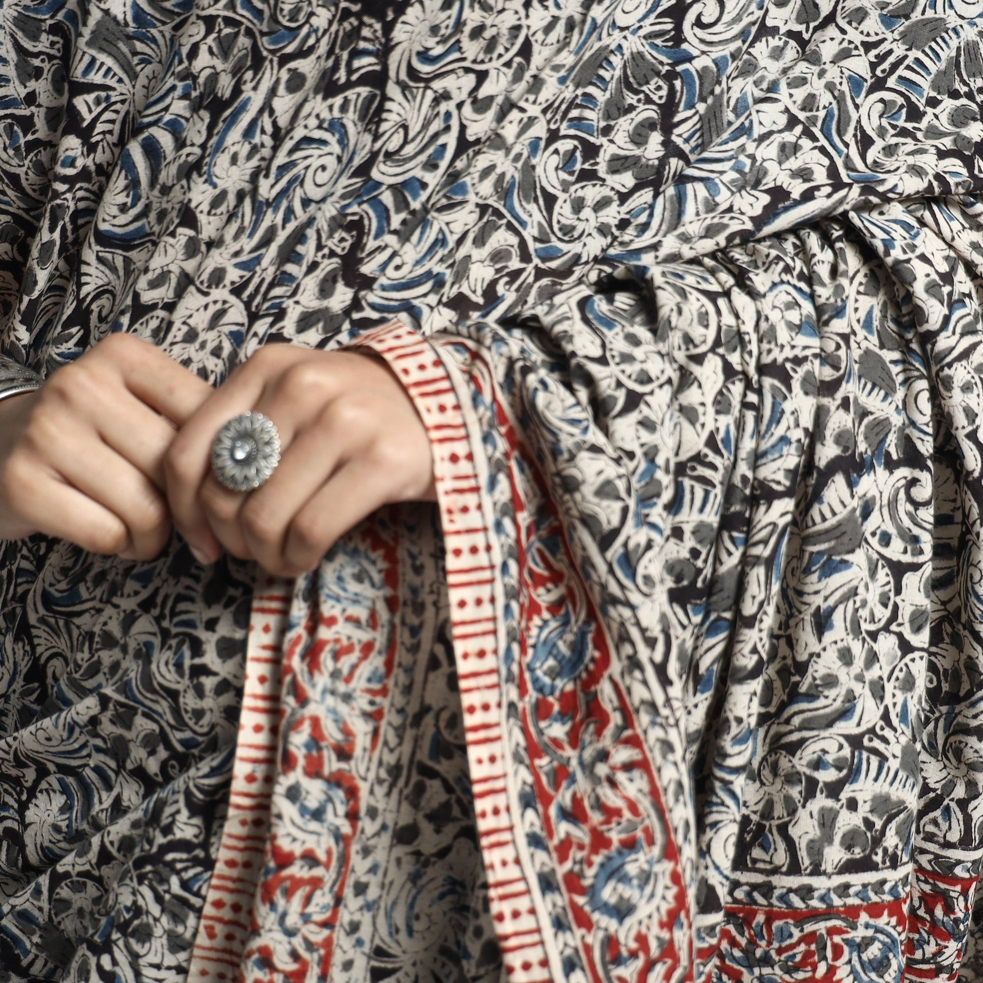 Black - Pedana Block Print Cotton Kalamkari Saree