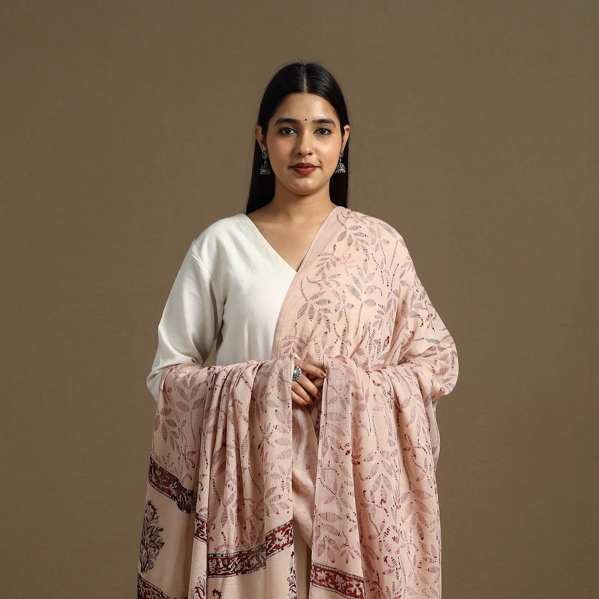 Beige - Block Print Mul Cotton Bagru Dupatta 12