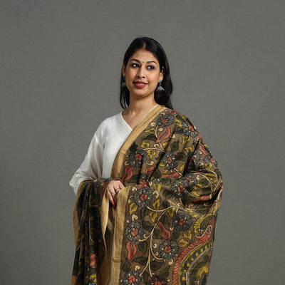 Brown - Mangalagiri Cotton Handpainted Pen Work Kalamkari Dupatta 11