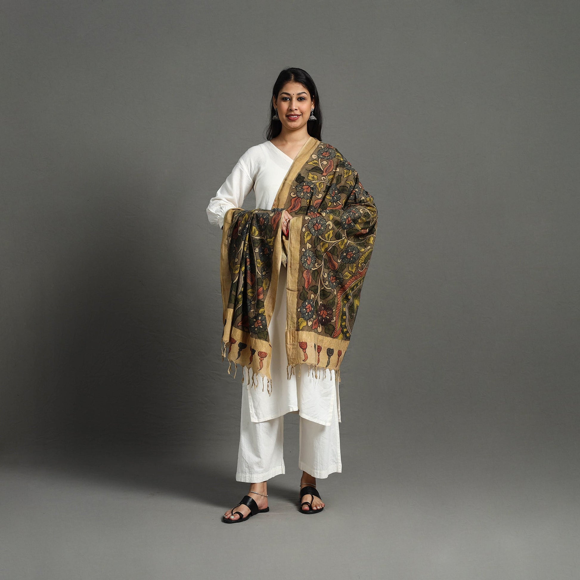 Brown - Mangalagiri Cotton Handpainted Pen Work Kalamkari Dupatta 11