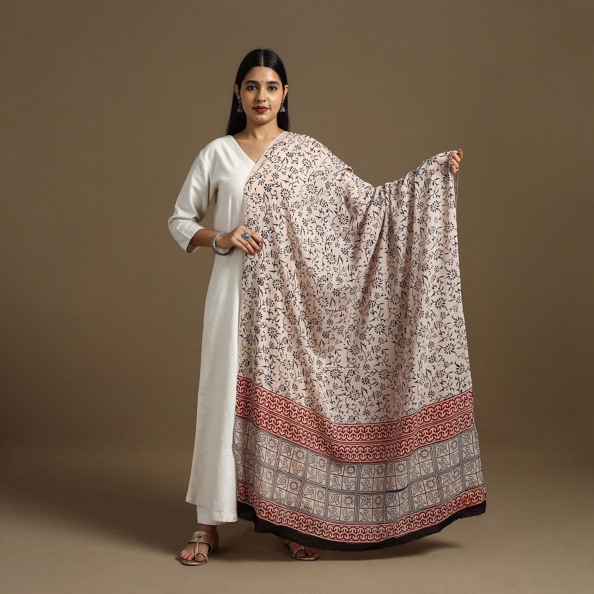 Beige - Block Print Mul Cotton Bagru Dupatta 13