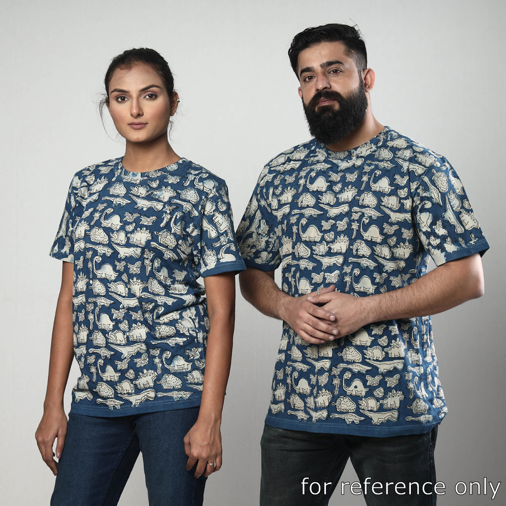Blue - Bindaas Block Art Printed Cotton Round Neck T-shirt