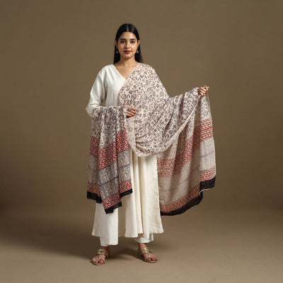 Beige - Block Print Mul Cotton Bagru Dupatta 13
