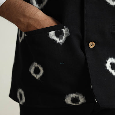 Black - Pochampally Double Ikat Handloom Cotton Men Nehru Jacket 07