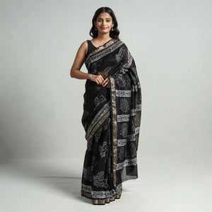 Black - Hand Batik Printed Chanderi Silk Zari Border Saree with Blouse Piece