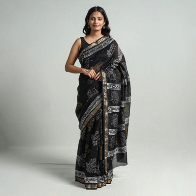 Black - Hand Batik Printed Chanderi Silk Zari Border Saree with Blouse Piece