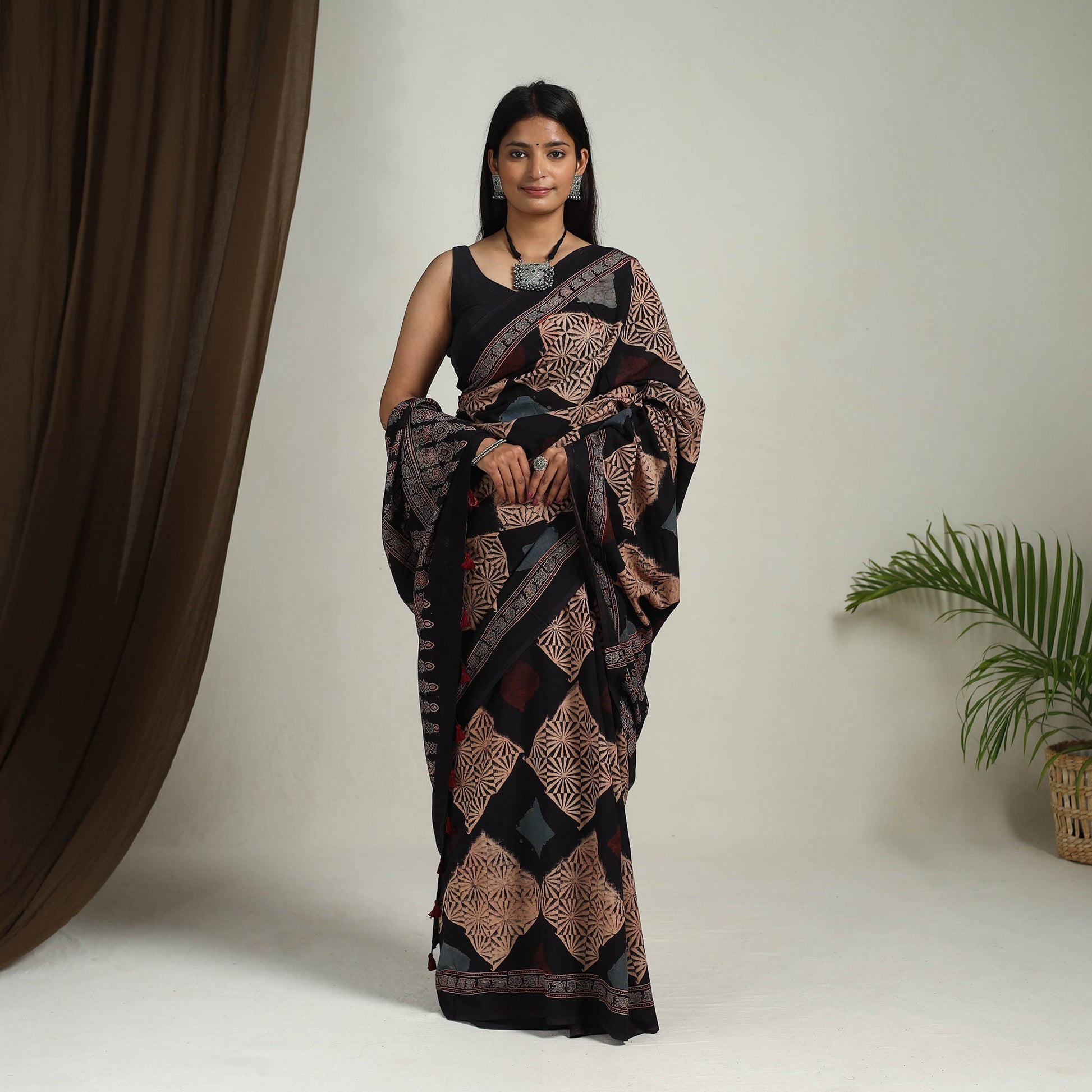 Black - Mul Cotton Block Print Ajrakh Saree 10