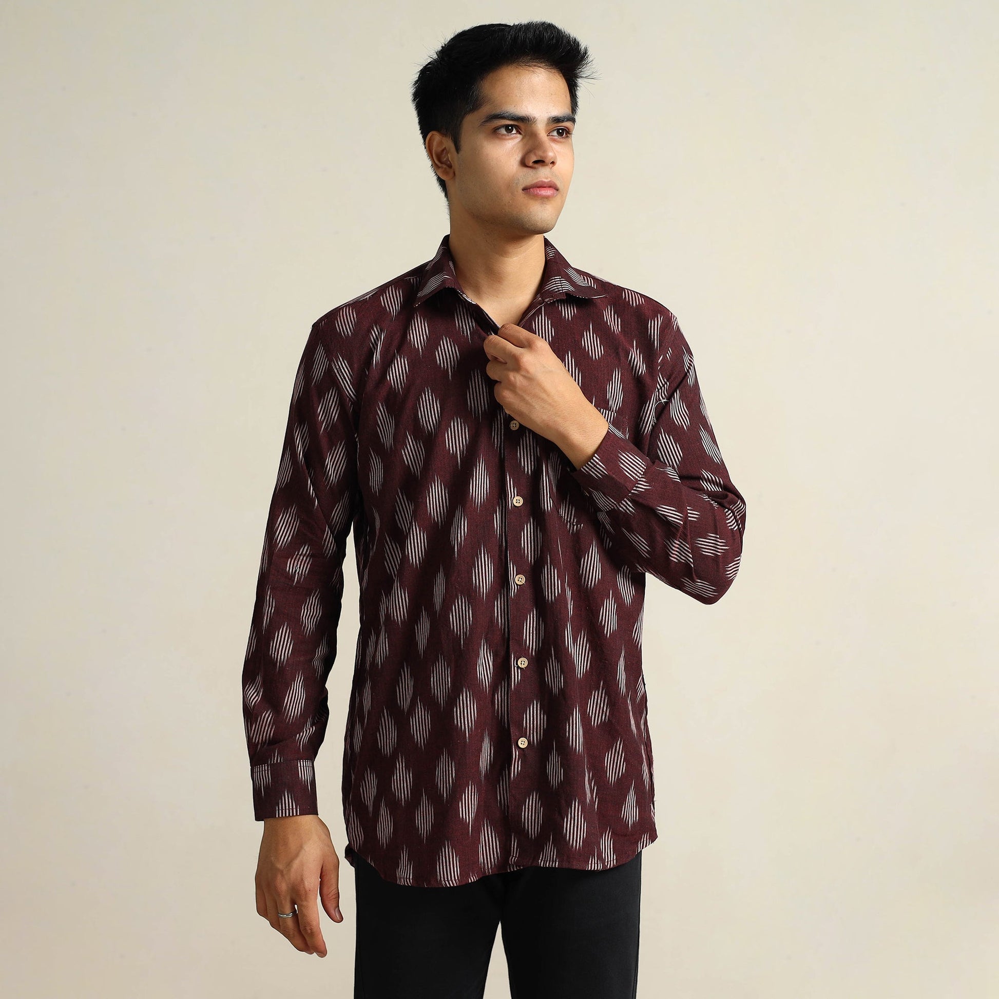 Brown - Pochampally Ikat Weave Cotton Men Full Sleeve Shirt 18