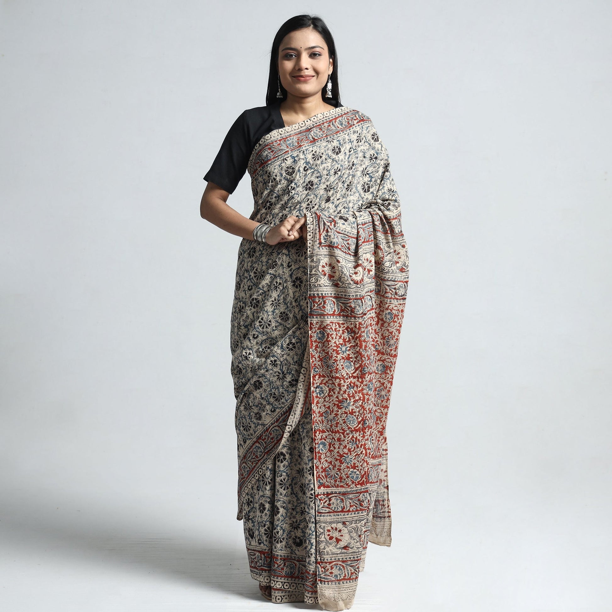 Beige - Pedana Block Print Cotton Kalamkari Saree