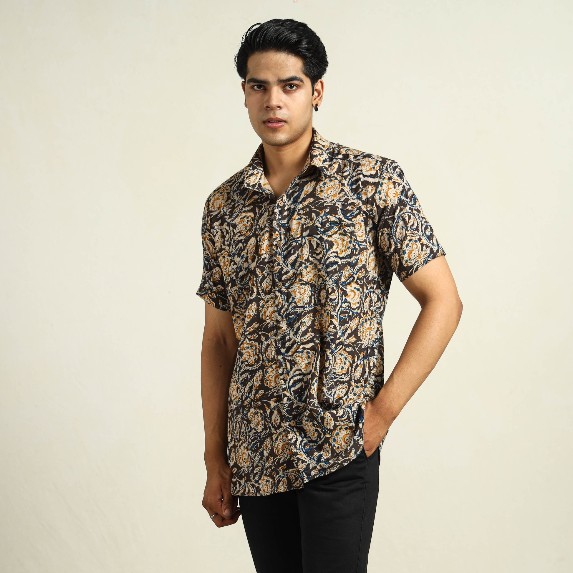 Black - Kalamkari Block Printed Cotton Men Half Sleeve Shirt 05