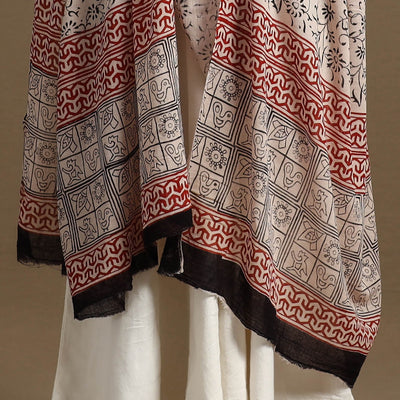 Beige - Block Print Mul Cotton Bagru Dupatta 13