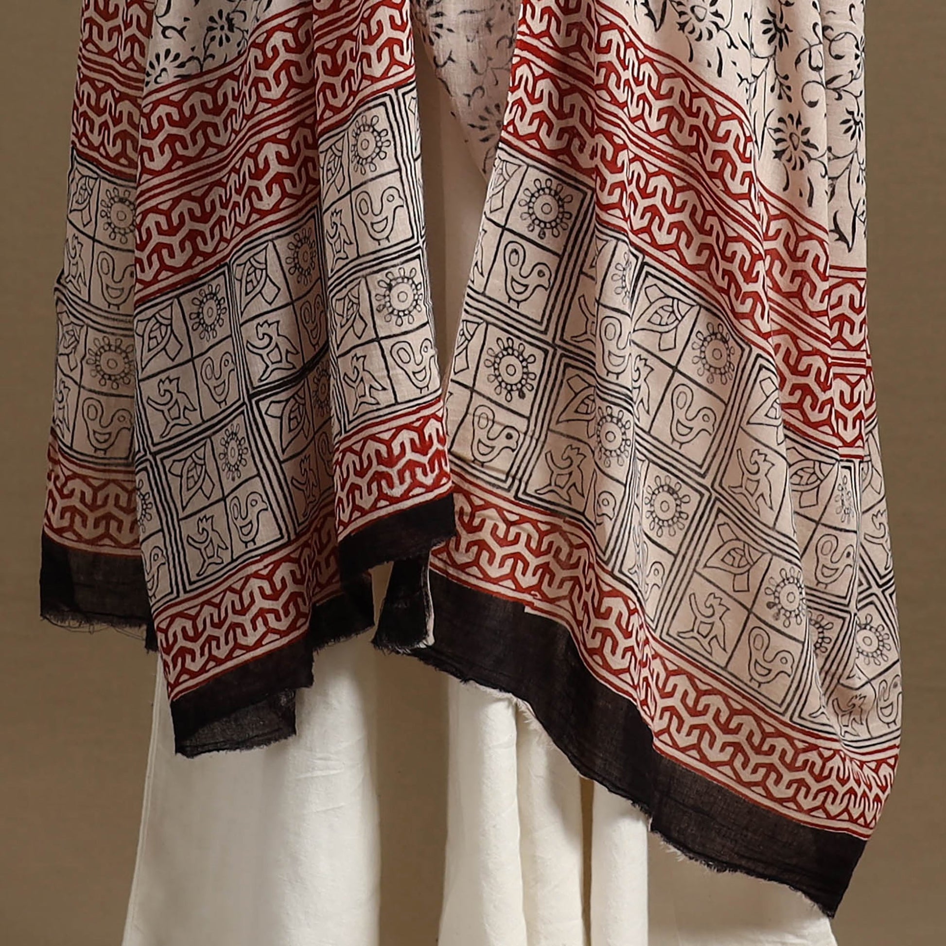Beige - Block Print Mul Cotton Bagru Dupatta 13