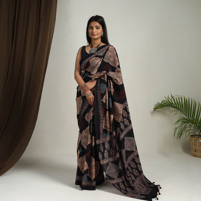 Black - Mul Cotton Block Print Ajrakh Saree 10