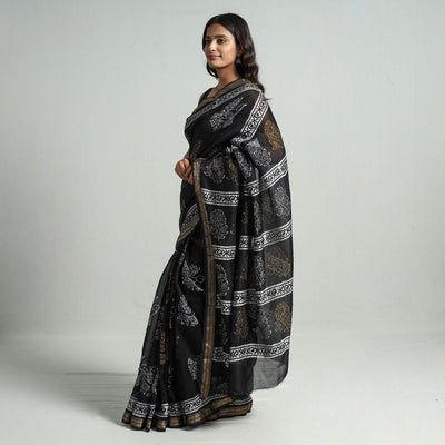 Black - Hand Batik Printed Chanderi Silk Zari Border Saree with Blouse Piece