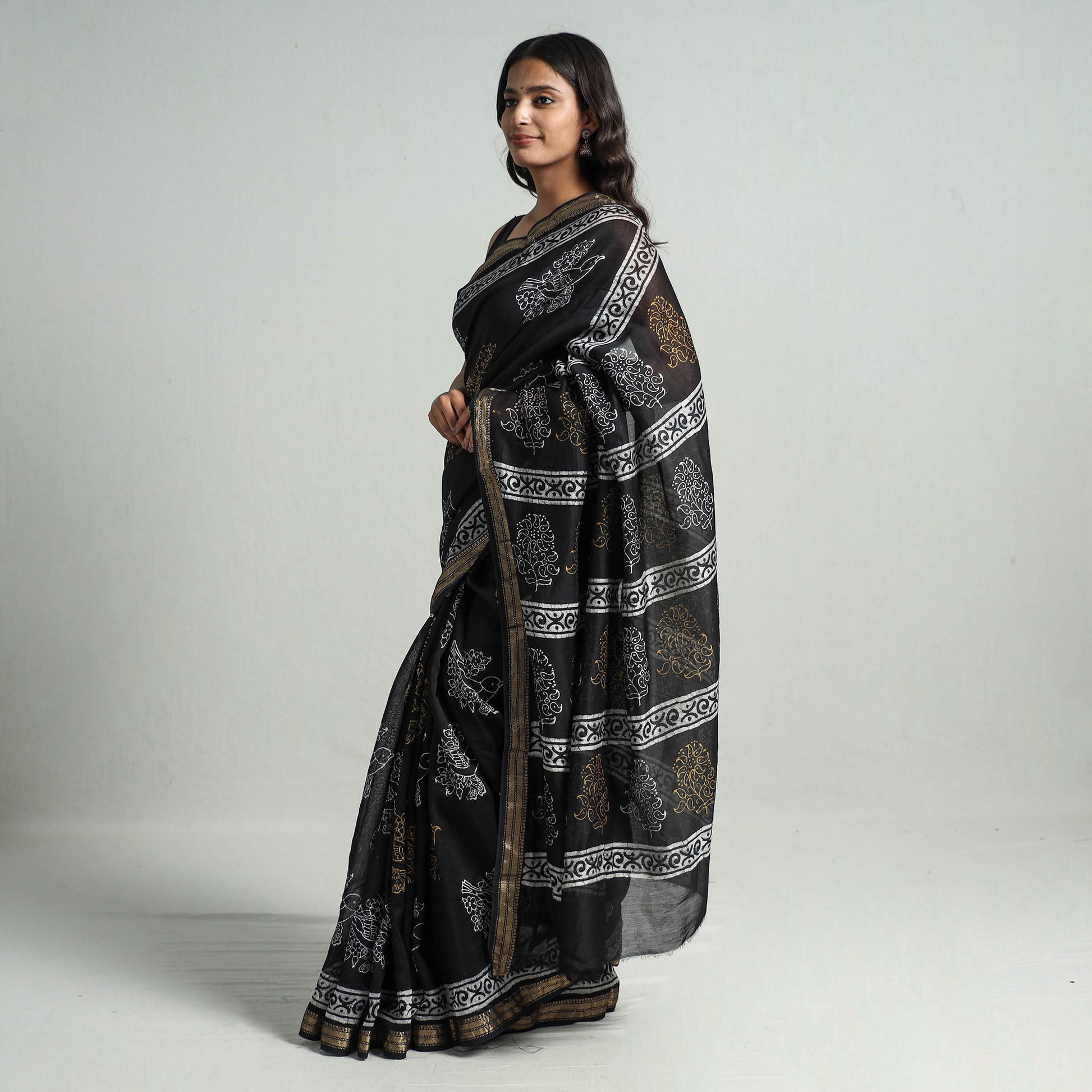 Black - Hand Batik Printed Chanderi Silk Zari Border Saree with Blouse Piece