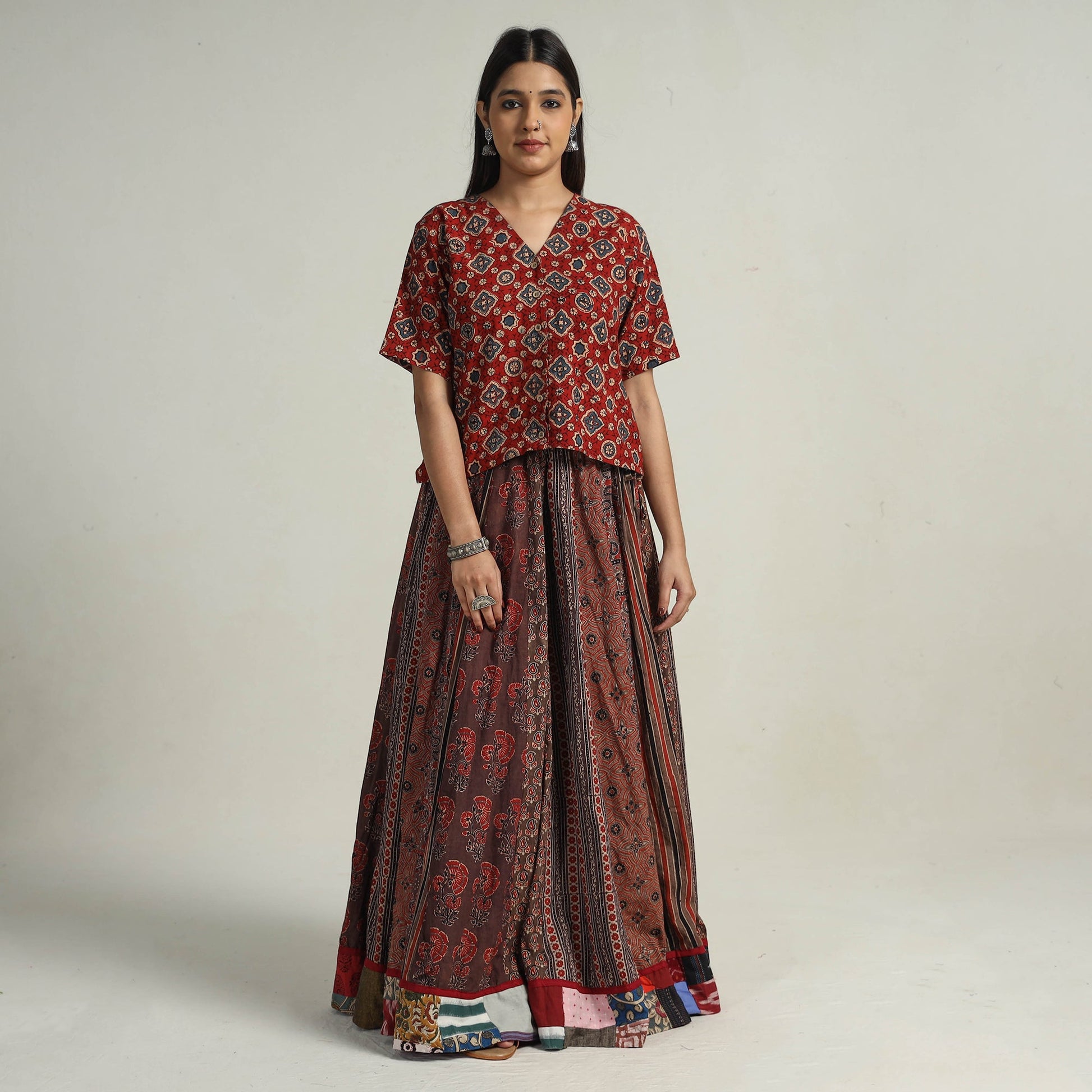 Brown - Kutch Block Printed 24 Kali Cotton Long Skirt 22