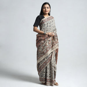 Beige - Pedana Block Print Cotton Kalamkari Saree