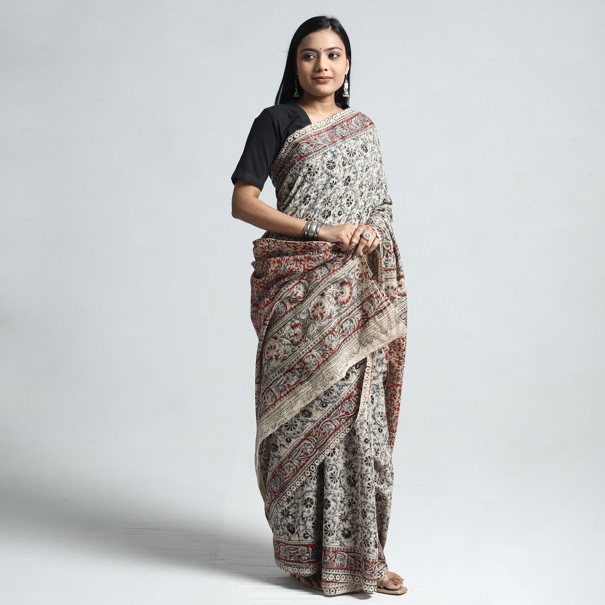 Beige - Pedana Block Print Cotton Kalamkari Saree