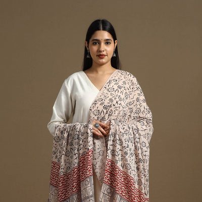 Beige - Block Print Mul Cotton Bagru Dupatta 13