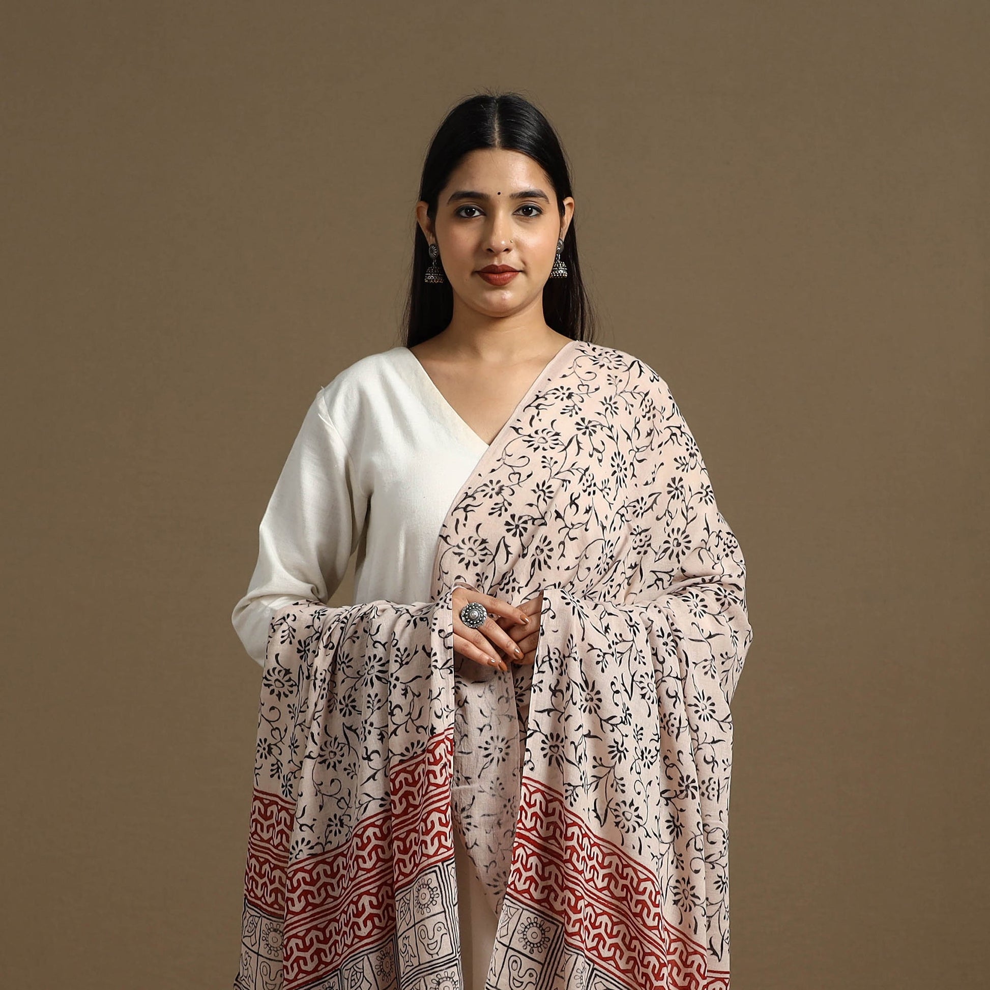 Beige - Block Print Mul Cotton Bagru Dupatta 13
