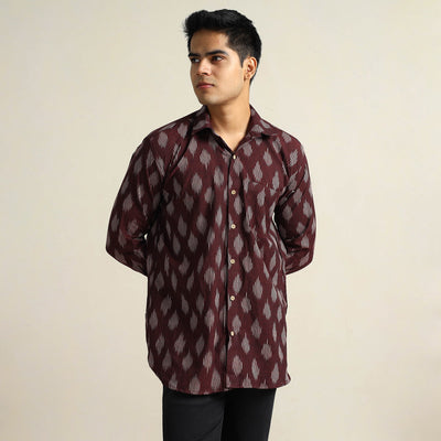 Brown - Pochampally Ikat Weave Cotton Men Full Sleeve Shirt 18