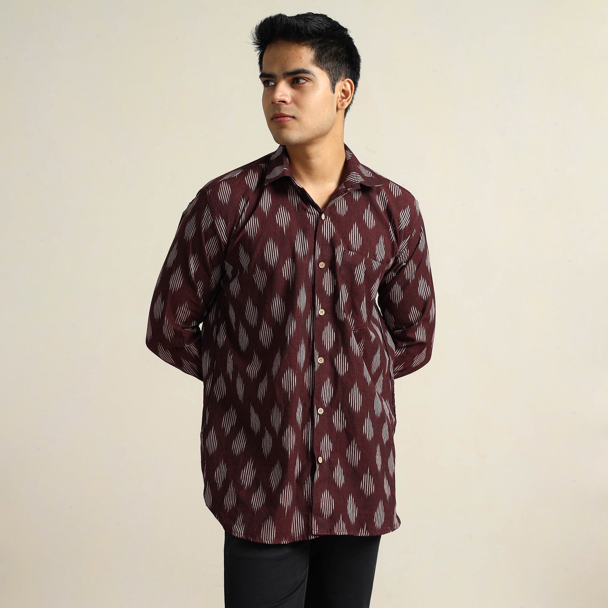 Brown - Pochampally Ikat Weave Cotton Men Full Sleeve Shirt 18