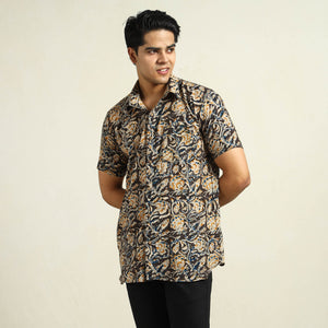 Black - Kalamkari Block Printed Cotton Men Half Sleeve Shirt 05