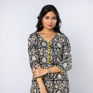 Black & White Floral Buta Bagru Block Printed Cotton Long Kurta