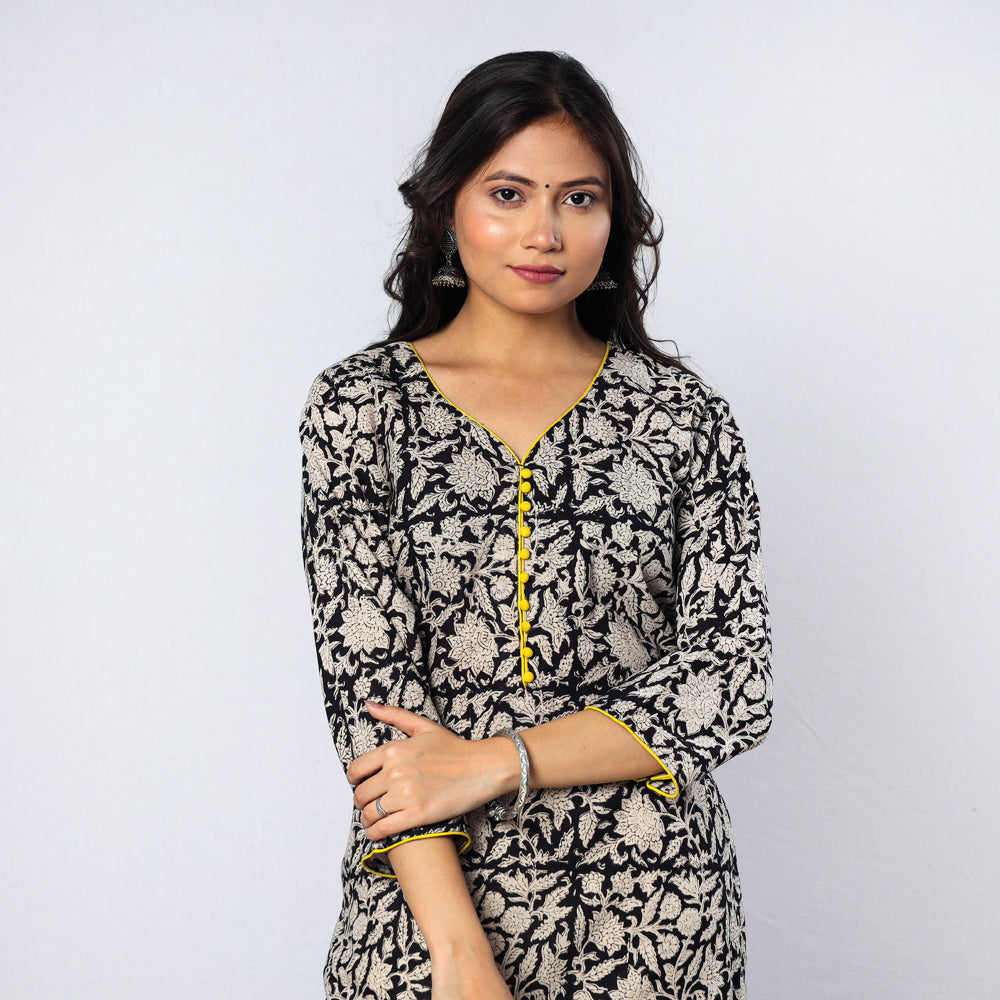Black & White Floral Buta Bagru Block Printed Cotton Long Kurta