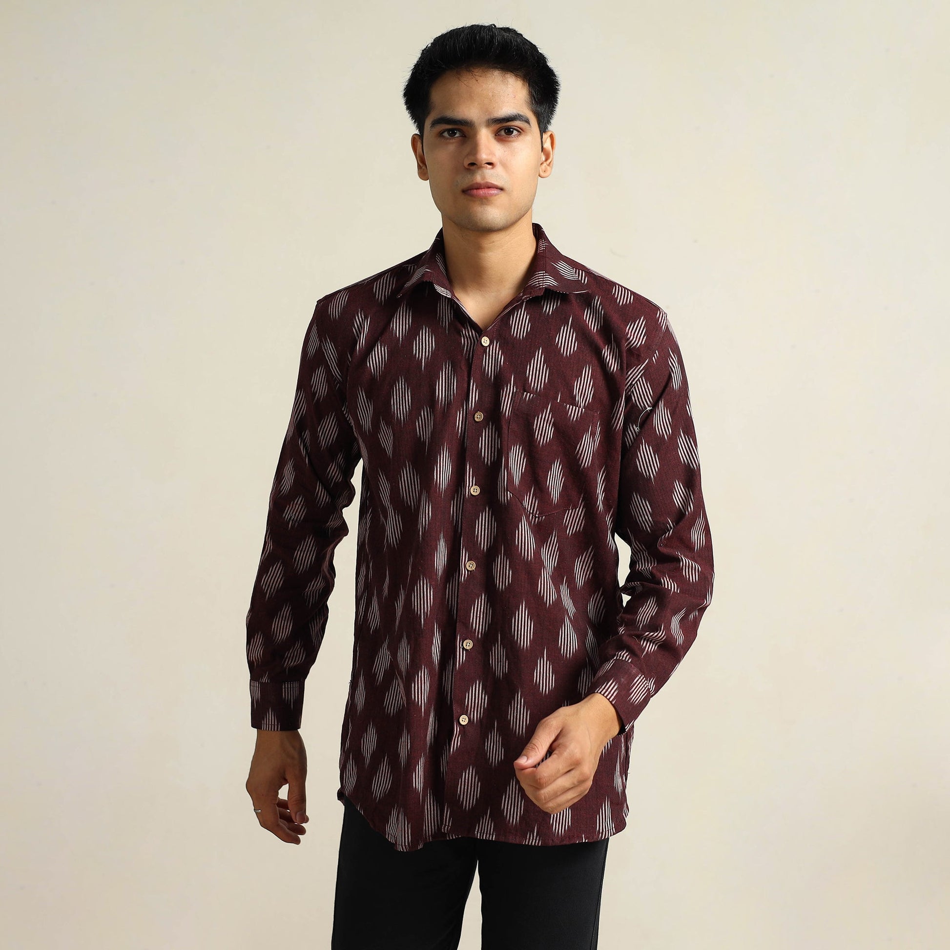 Brown - Pochampally Ikat Weave Cotton Men Full Sleeve Shirt 18