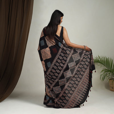 Black - Mul Cotton Block Print Ajrakh Saree 10