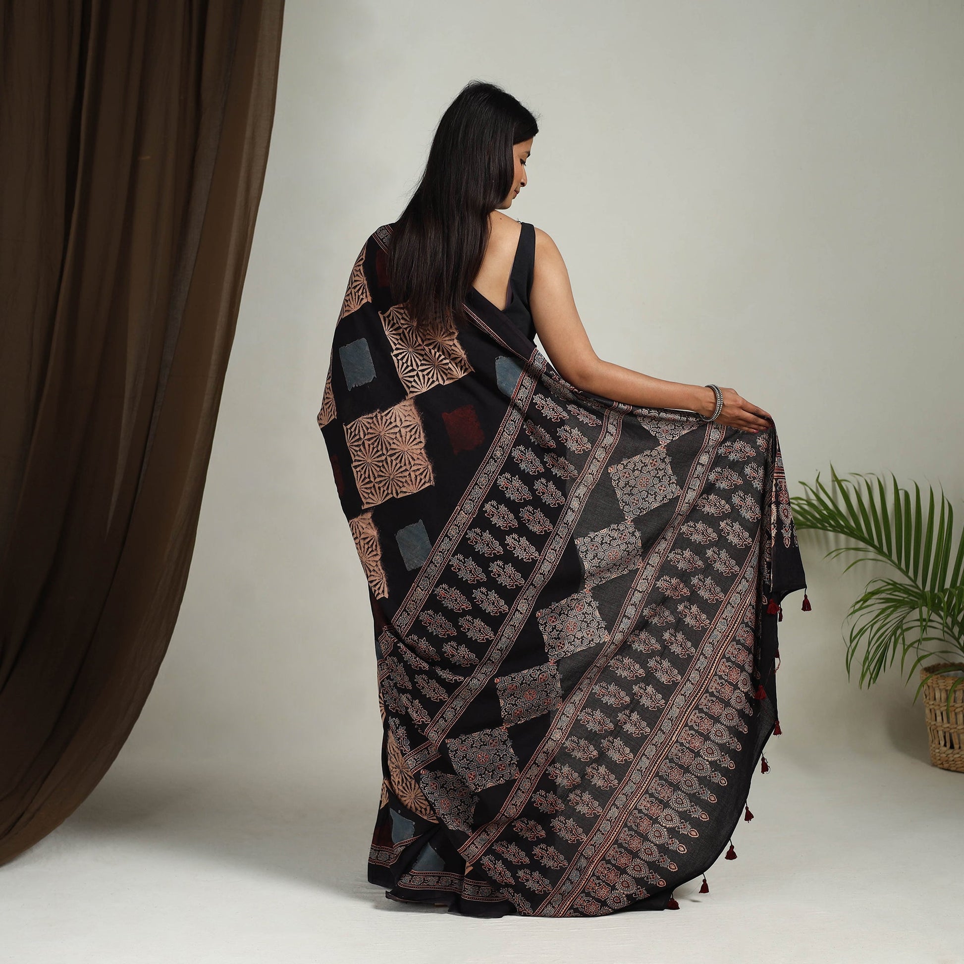 Black - Mul Cotton Block Print Ajrakh Saree 10