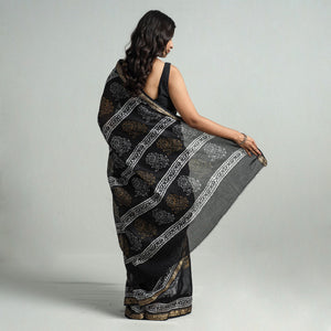 Black - Hand Batik Printed Chanderi Silk Zari Border Saree with Blouse Piece