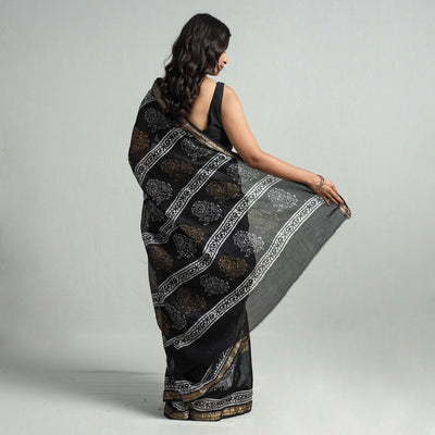 Black - Hand Batik Printed Chanderi Silk Zari Border Saree with Blouse Piece