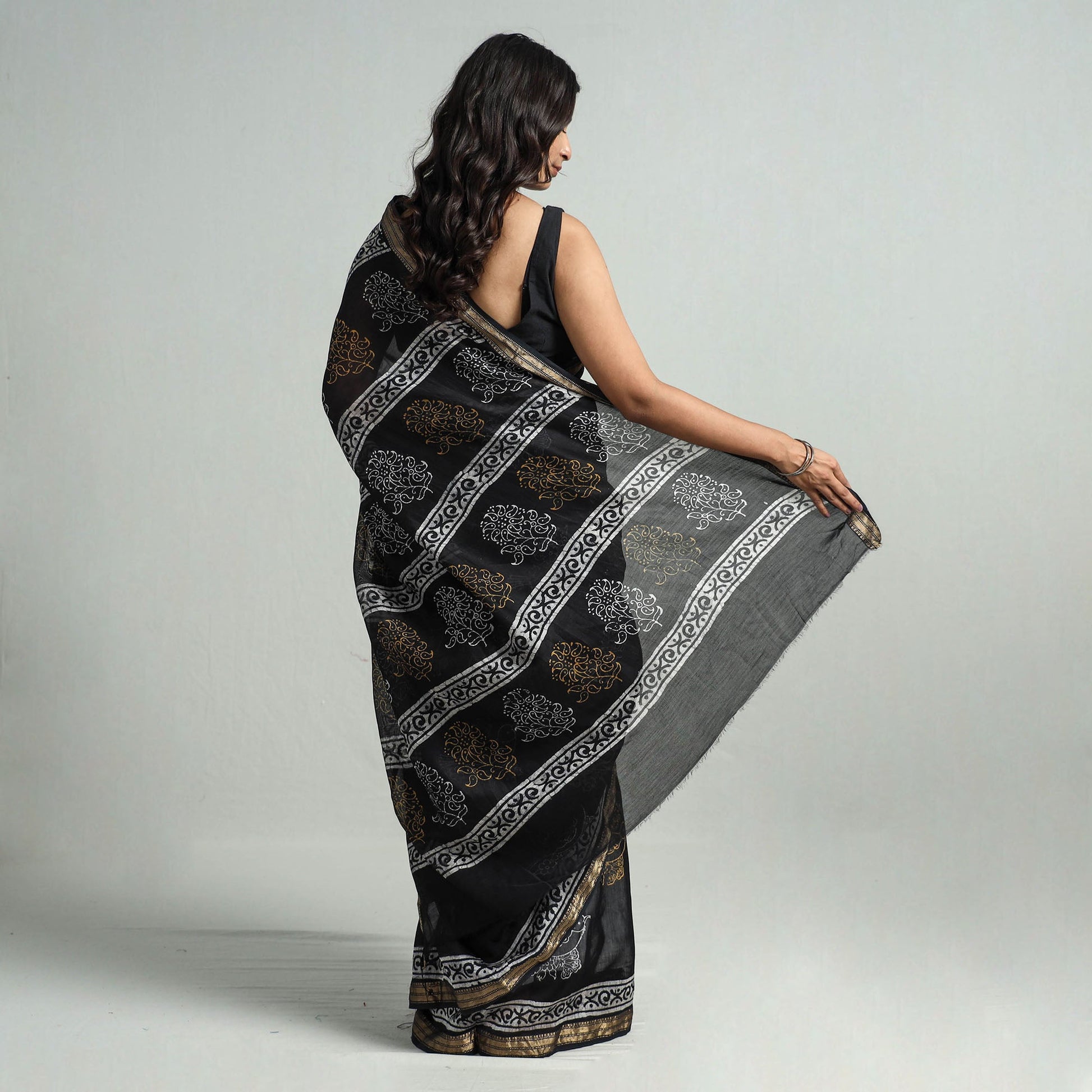 Black - Hand Batik Printed Chanderi Silk Zari Border Saree with Blouse Piece