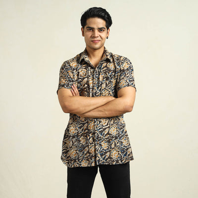 Black - Kalamkari Block Printed Cotton Men Half Sleeve Shirt 05