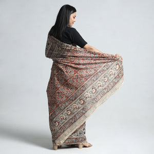 Beige - Pedana Block Print Cotton Kalamkari Saree