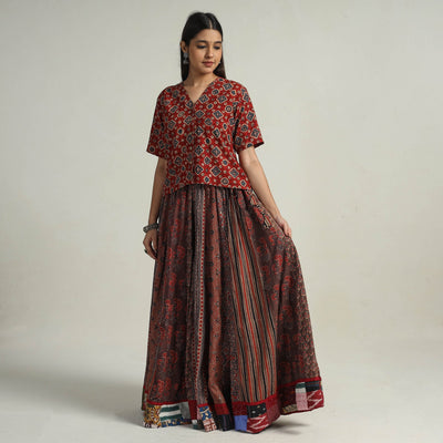 Brown - Kutch Block Printed 24 Kali Cotton Long Skirt 22