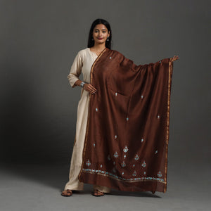 Brown - Hand Embroidered Chanderi Silk Handloom Kashida Dupatta 56