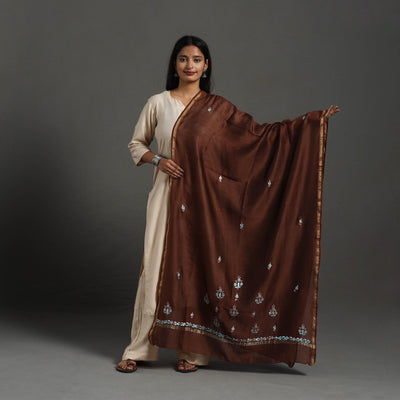 Brown - Hand Embroidered Chanderi Silk Handloom Kashida Dupatta 56