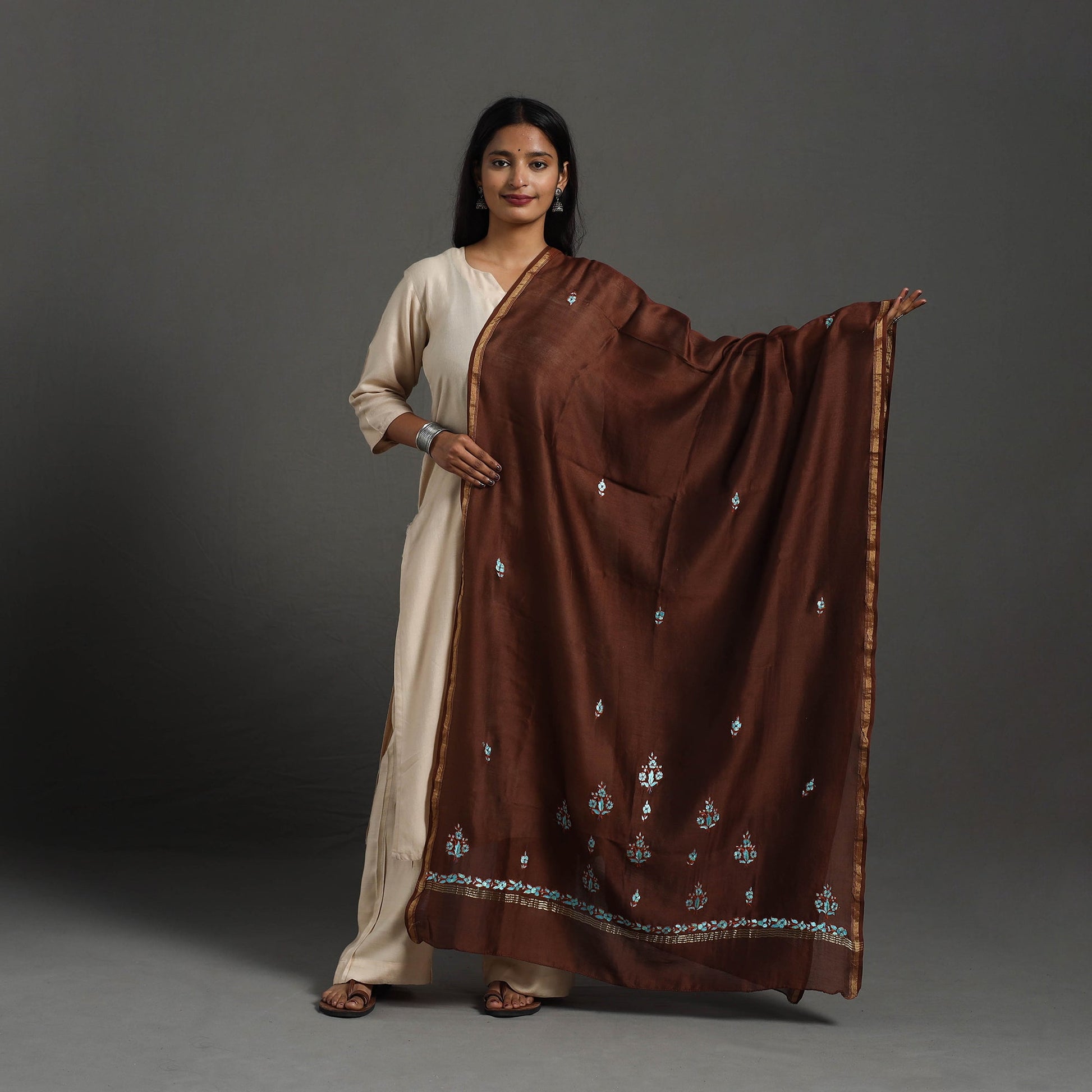 Brown - Hand Embroidered Chanderi Silk Handloom Kashida Dupatta 56